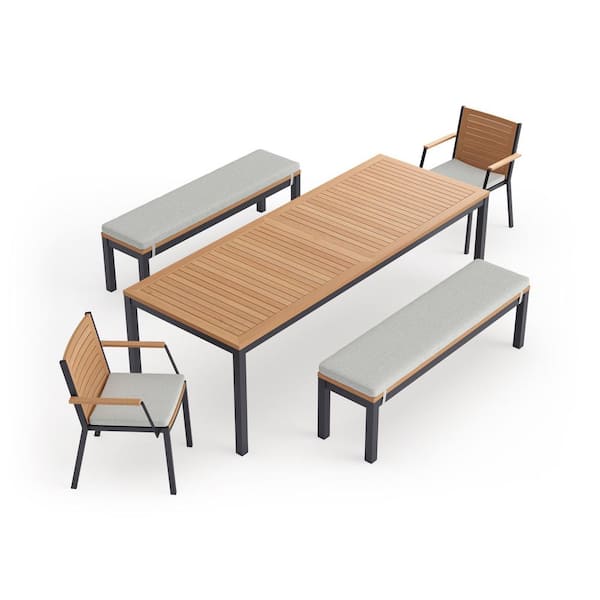 NewAge Products Monterey 5 Piece Aluminum Teak Outdoor Patio Dining Set in Cast Silver Cushions with 96 in. Table & Bench