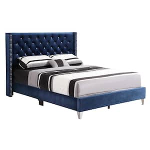 Julie Navy Blue Tufted Upholstered Low Profile Queen Panel Bed