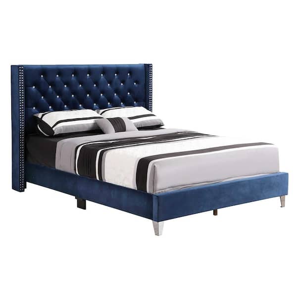 AndMakers Julie Navy Blue Tufted Upholstered Low Profile Queen Panel Bed