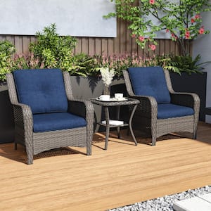 3-Piece Wicker Patio Outdoor Lounge Chair Set with Blue Cushions and Side Table