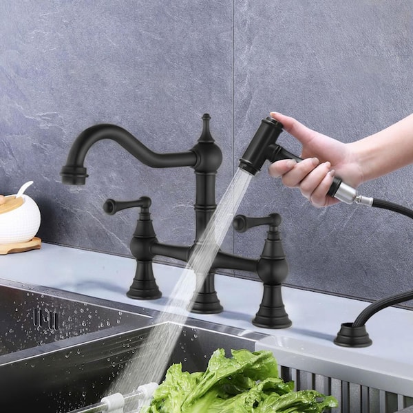 2 Handles 4 Holes 8.85 in. Solid Brass Bridge Dual Handles Kitchen Faucet with Pull-Out Side Sprayer in Matte Black