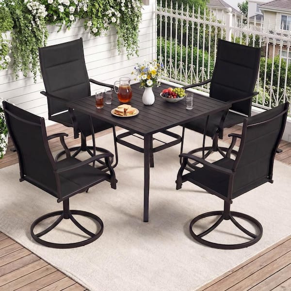 5 Pieces Metal Outdoor Dining Set, 4 Swivel Chairs and Square Patio Table with Umbrella Hole Black