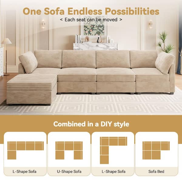 Allwex 130 in. Square Arm Modern 7-Piece Plush Corduroy L