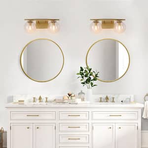 Mid-Century Globe Bathroom Vanity Light 2-Light Modern Brass Gold Round Wall Light with Clear Glass Shades
