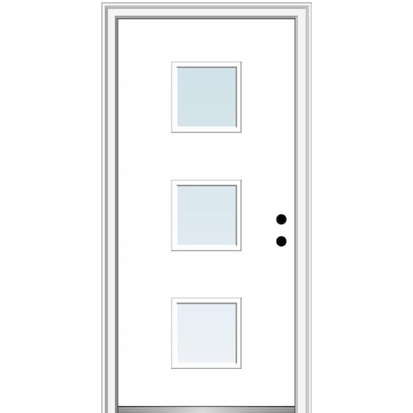 MMI DOOR Aveline 32 in. x 80 in. Left-Hand Inswing 3-Lite Clear Low-E Primed Fiberglass Prehung Front Door on 4-9/16 in. Frame