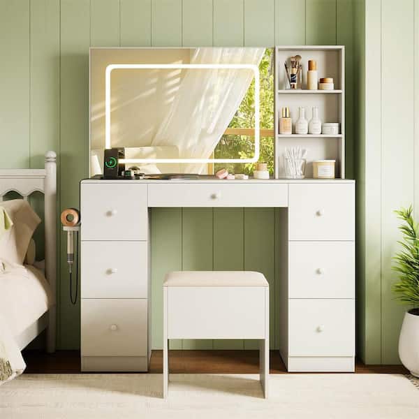2-Piece White Makeup Vanity Set with Mirror and Lights Makeup Table with Power Outlets and 7 Drawers
