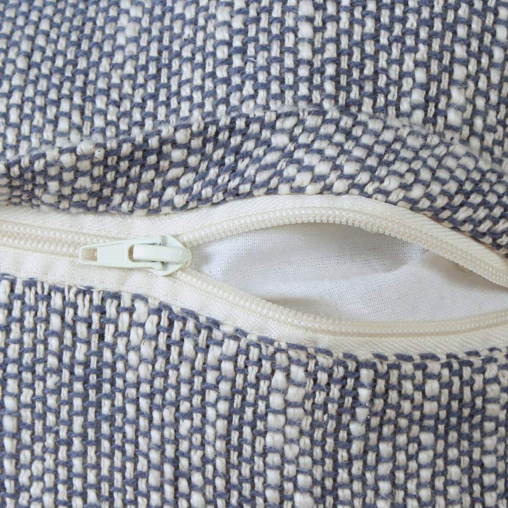 Navy Blue and White Cotton Lumbar Pillow with Fringe