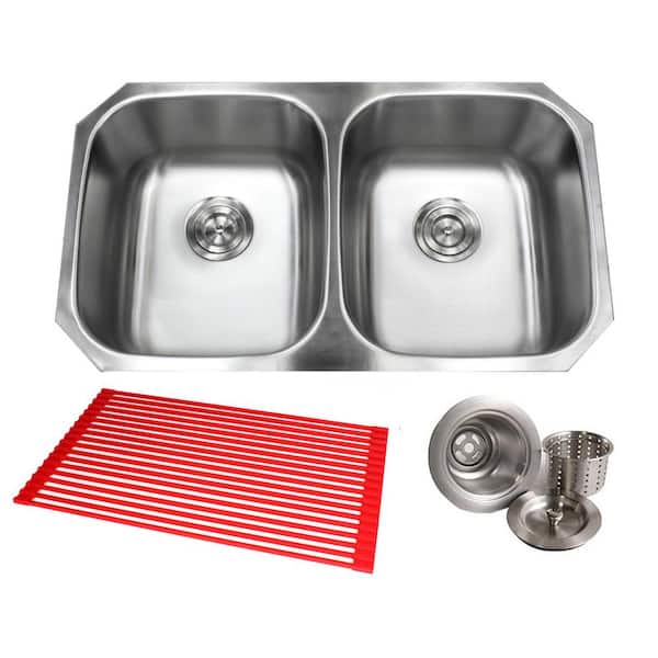 Kingsman Hardware Undermount 18-Gauge Stainless Steel 32-1/4 in. x 18-1/2 in. x 9 in. 50/50 Double Kitchen Sink with Brushed Finish Combo
