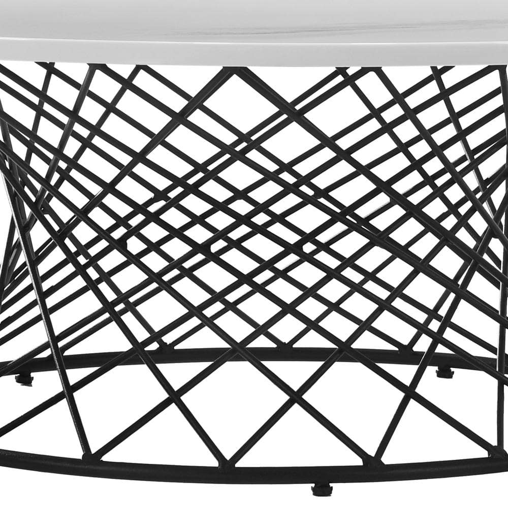 Loxley 36" Round White Marble Coffee Table with Black Metal Base