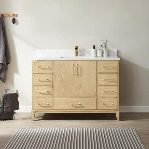 ROSWELL Zaragoza 48 in.W x 22 in.D x 33.8 in.H Bathroom Vanity in Washed Ash with White Composite Grain Stone Top Without Mirror
