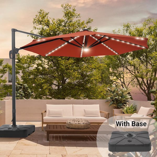 11 ft. Round Solar LED Aluminum 360-Degree Rotation Cantilever Offset Outdoor Patio Umbrella with a Base in Red