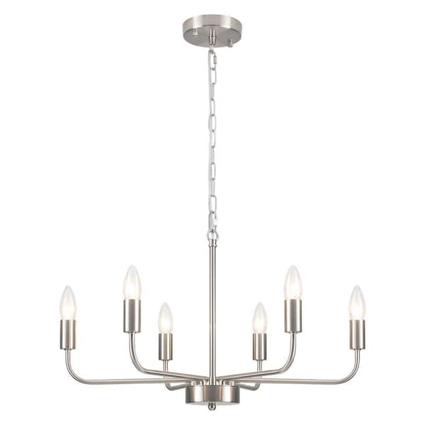 LWYTJO 6-Light Nickel Farmhouse Candle Linear Chandelier for Living Room with No Bulbs Included