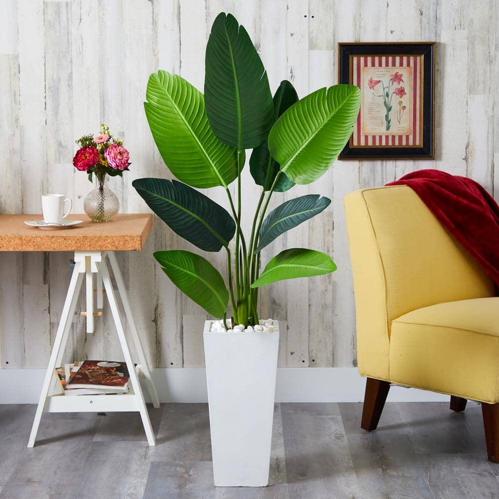 Nearly Natural 5 ft. Travelers Palm Artificial Tree in Tall White ...