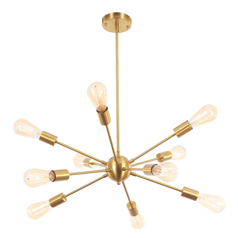 10-Light Gold Modern Dimmable Sputnik Chandelier, Farmhouse Chandelier Ligh