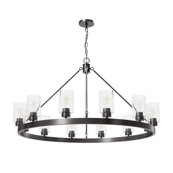 Hartland 12-Light Noble Bronze Wagon Wheel Chandelier with Clear Seeded Glass Shades