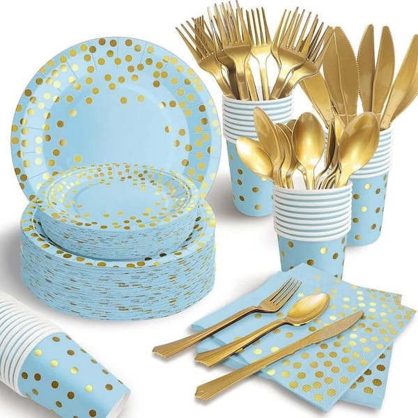 Disposable Party Pack, 175-Piece Light Blue Gold Polka Dot Paper and Plastic, Kitchen Dinnerware Plates Cups Cutlery Set
