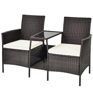 Brown Wicker Outdoor Patio Conversation Loveseat with Off White Cushions and Center Table