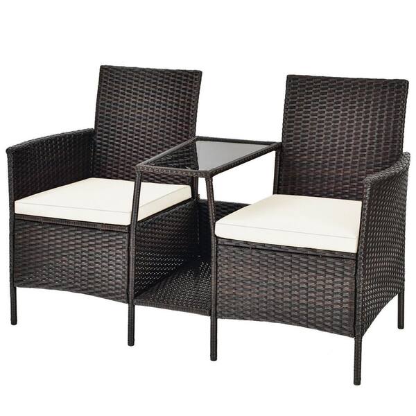 FORCLOVER Brown Wicker Outdoor Patio Conversation Loveseat with Off White Cushions and Center Table