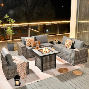 Tahoe Grey 7-Piece Wicker Wide Arm Outdoor Patio Conversation Sofa Set with a Fire Pit and Grey Cushions