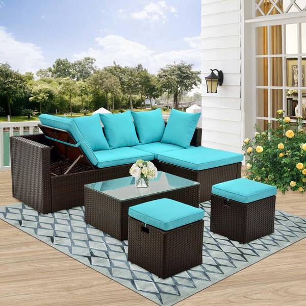 SunFurnn Brown 5-Piece Rattan Wicker Outdoor Furniture Sectional Sofa Set with Blue Cushion