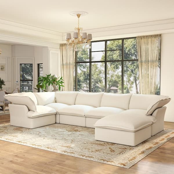 Large Storage 123 in. Flared Arm Linen Modular Cloud Sofa with Detachable Covers, Ottoman in. White