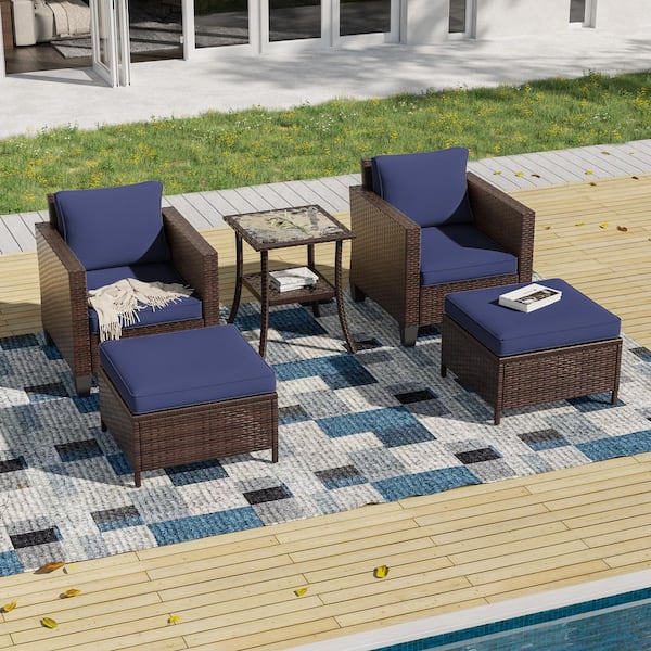 5-Pieces Brown PE Wicker Patio Conversation Set with Side Table and Ottomans with Washable Navy Blue Cushion