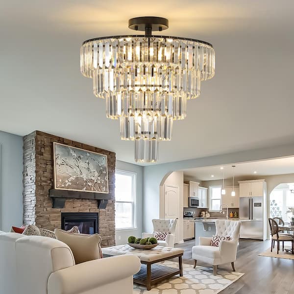 19.7 in. 10-Light Black Flush Mount Chandelier with Crystals Shade