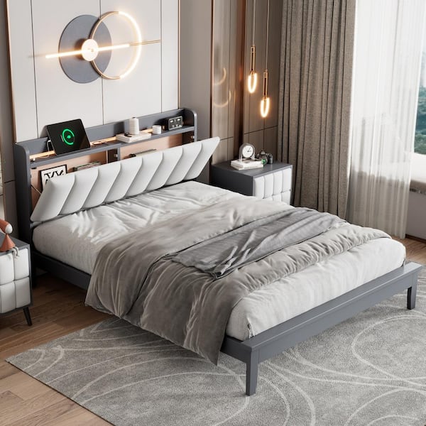 Harper & Bright Designs Gray Wood Frame Full Size Platform Bed with USB Charging, White Upholstered Headboard with Shelf and Hidden Storage