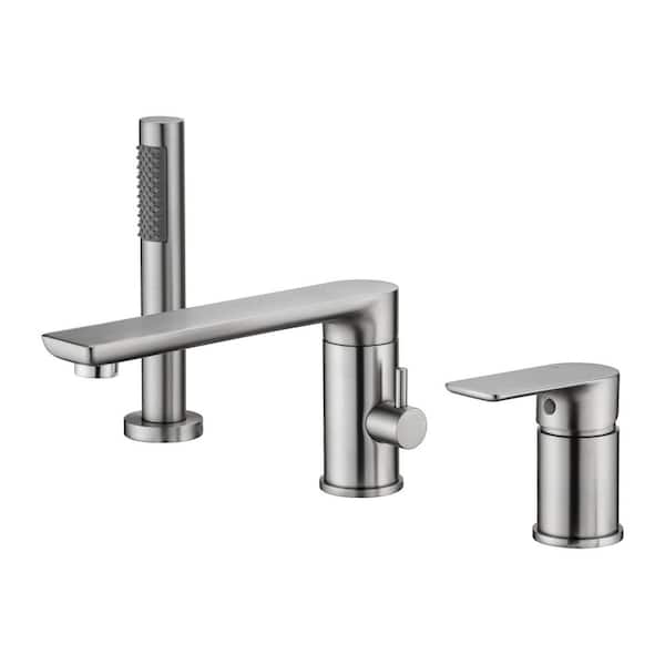 FLG Single-Handle Deck-Mount Roman Tub Faucet with Hand Shower 3 Holes Modern Brass Bathroom Tub Filler in Brushed Nickel