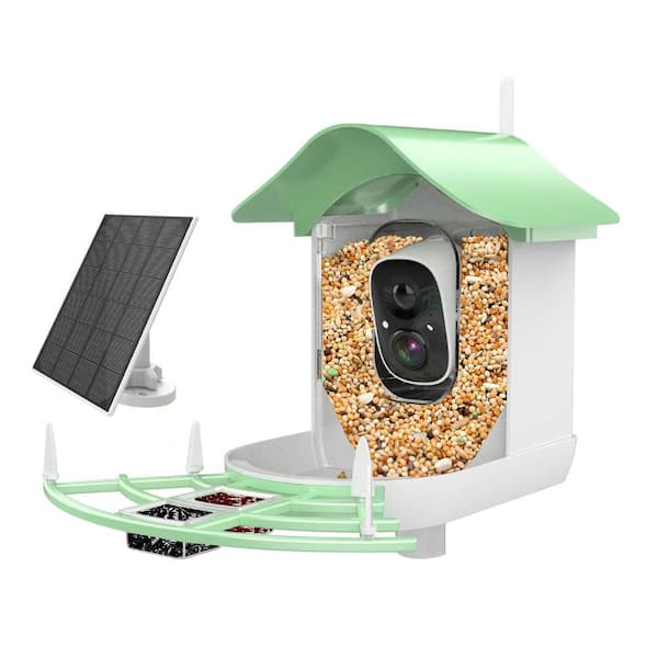 Justincity Green Finish ABS Blue Jay Bird Feeder 40 oz. Capacity Smart Bird Feeder w/ Camera AI Identify Bird Species Solar Powered