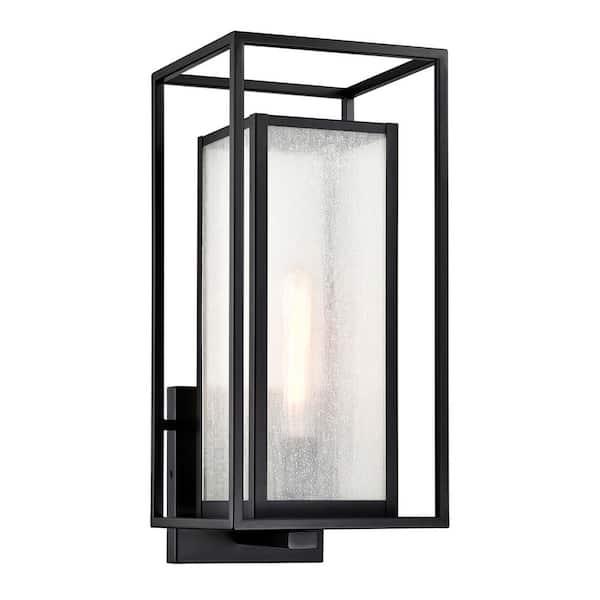 18 in. 1-Light Matte Black Finish Outdoor Wall Sconce with Seedy Glass Shade