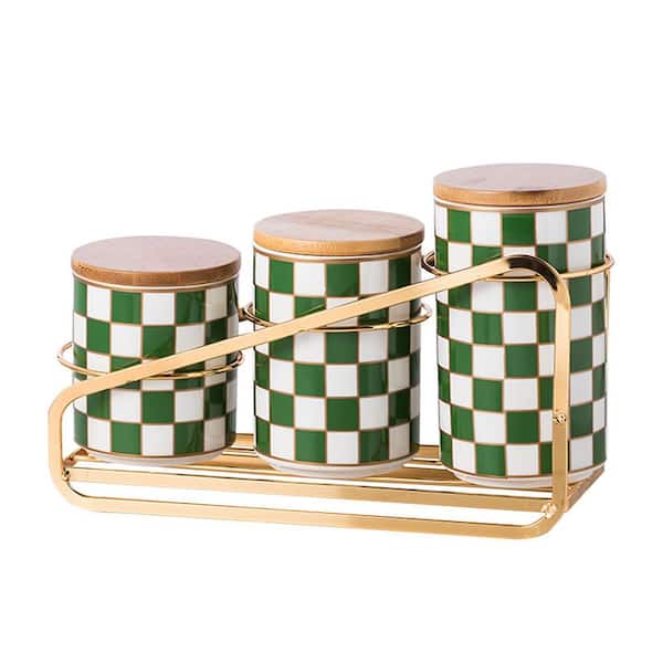 3-Piece Ceramic Airtight Kitchen Canister Set with Tiered Shelf, Grid Pattern, for Flour, Sugar, Coffee