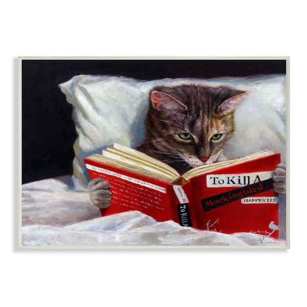 Stupell Industries 12.5 in. x 18.5 in. "Cat Reading a Book in Bed Funny Painting" by Artist Lucia Heffernan Wood Wall Art