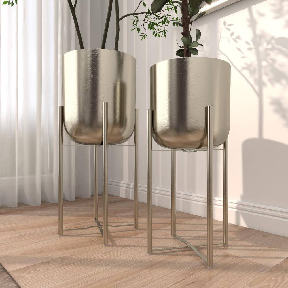 Silver Metal Indoor Outdoor Planter Set with Removable Stand, 19" and 22"