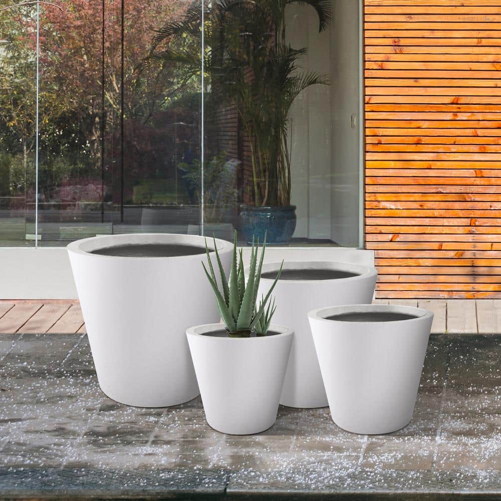 Set of 4 Pure White Lightweight Concrete Cylindrical Planters