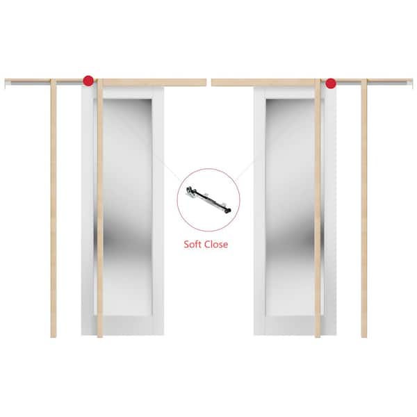 TENONER 56 in. x 80 in. White Primed Solid Wood 1-Lite Mirror Glass Sliding Pocket Door with Soft Close, Frame and Hardware
