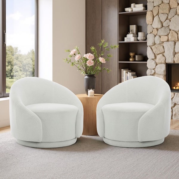 Modern White Boucle Polyester Upholstered 360° Swivel Accent Barrel Chair (Set of 2)