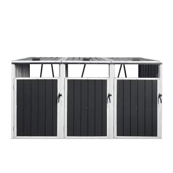 87.4 in. W x 32.2 in. D x 47.7 in. H Gray Metal Trash Can Storage for Garbage Storage Stores 3-Trash Cans Bin Shed
