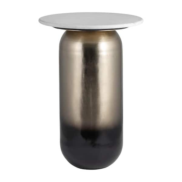 16 in. Gold Cylinder Metal and Marble Stone Top End Table with Sturdy Iron Base