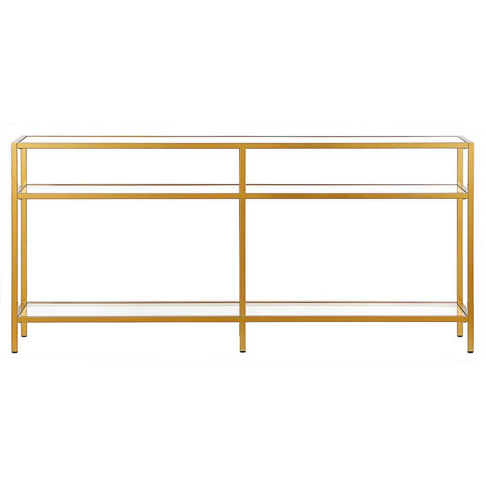 Golden Brass and Glass Rectangular Hallway Table with Storage