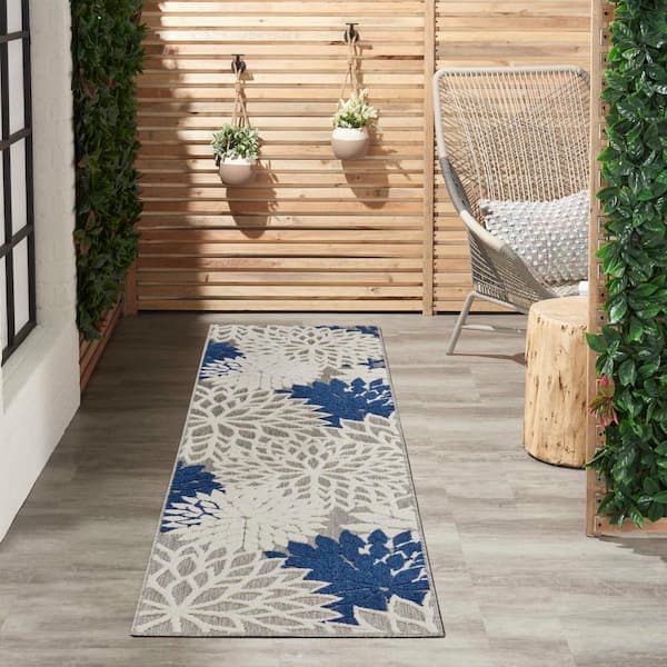 Aloha Ivory/Navy 2 ft. x 10 ft. Kitchen Runner Floral Modern Indoor/Outdoor Patio Area Rug