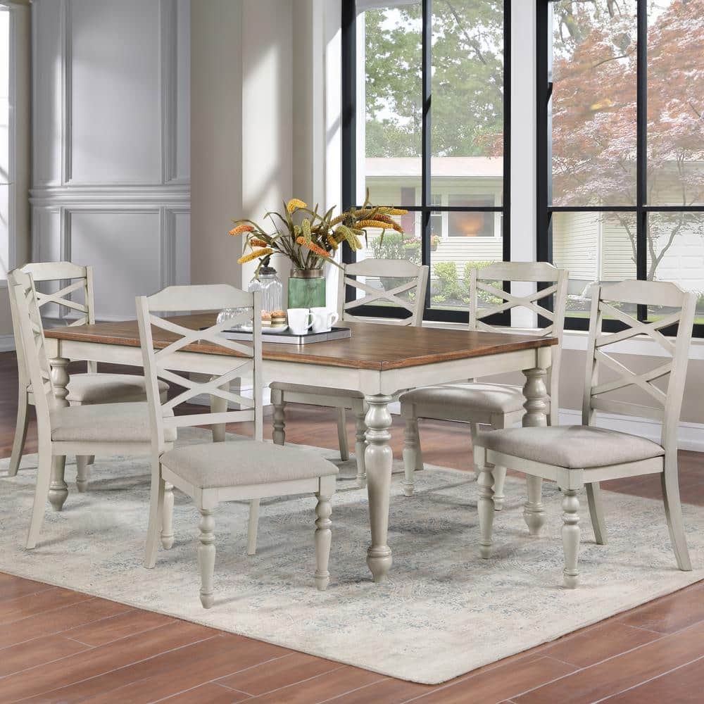 Jennifer 7-Piece Beige and Brown Wood Dining Set