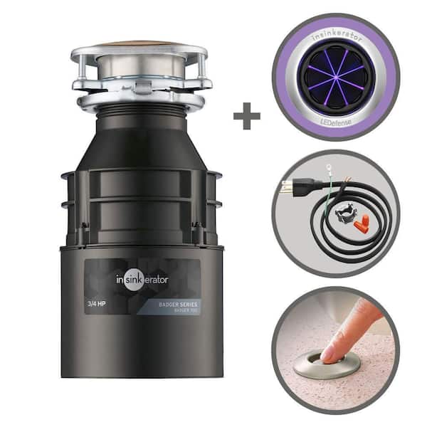 Badger 700,3/4 HP Garbage Disposal with Power Cord, Dual Outlet Switch in Satin Nickel and LEDefense Flange