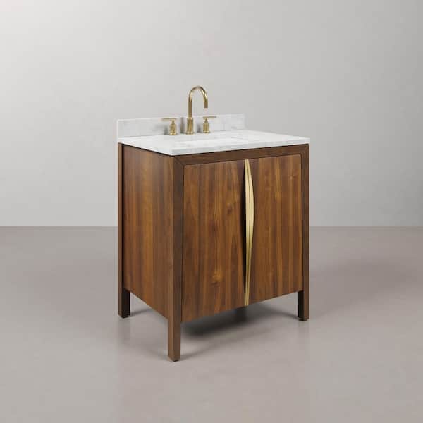 Ferrero 30 in. W Single Sink Bath Vanity in Noir Juglans with Carrara White Marble Top with White Basin and Gold Faucet