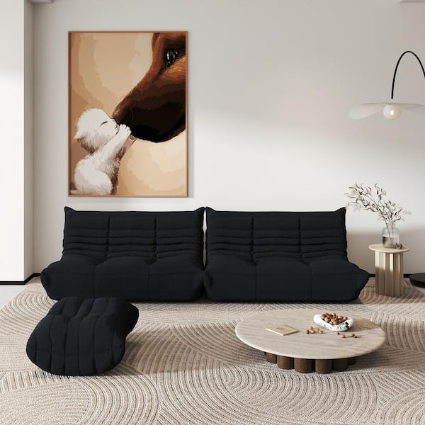 (Set of 3) Black Velvet Polyester Large 45-72 in. Fireside Lazy Bean Bag Chair Rebound Sponge Floor Sofa with Ottoman