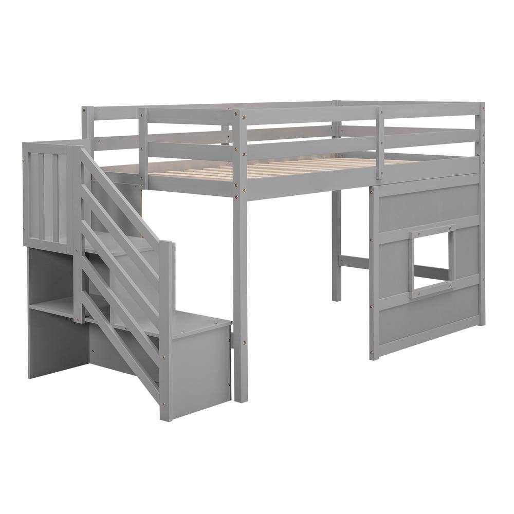 Harper & Bright Designs Gray Wood Frame Twin Size Loft Bed with Storage ...