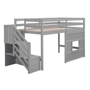 Gray Wood Frame Twin Size Loft Bed with Storage Staircase and Window