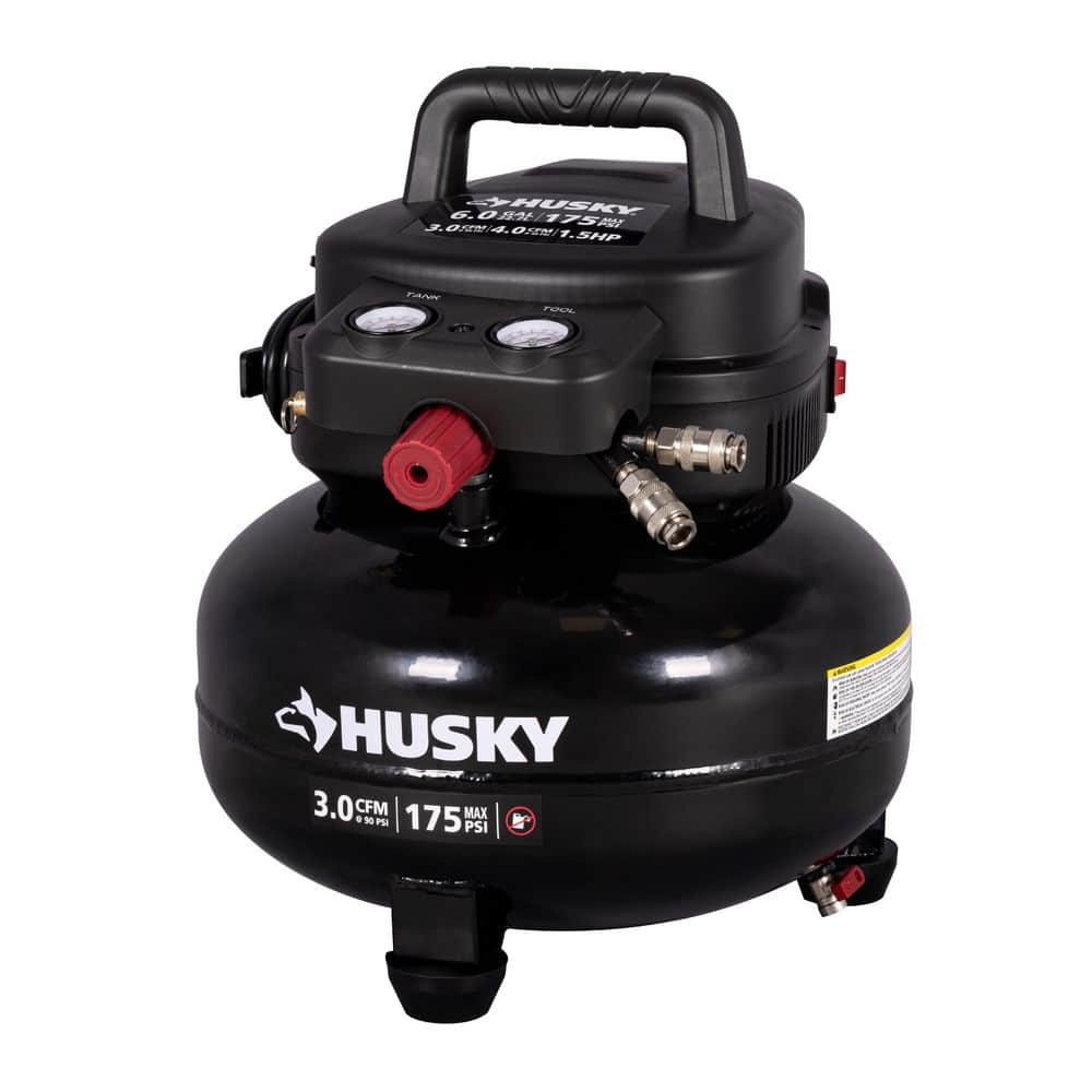 HUSKY 6 Gal. 175 PSI Electric Oil-Free High Performance Jobsite Pancake Air Compressor with Dual Gauges and 2-Quick Couplers (0210646)