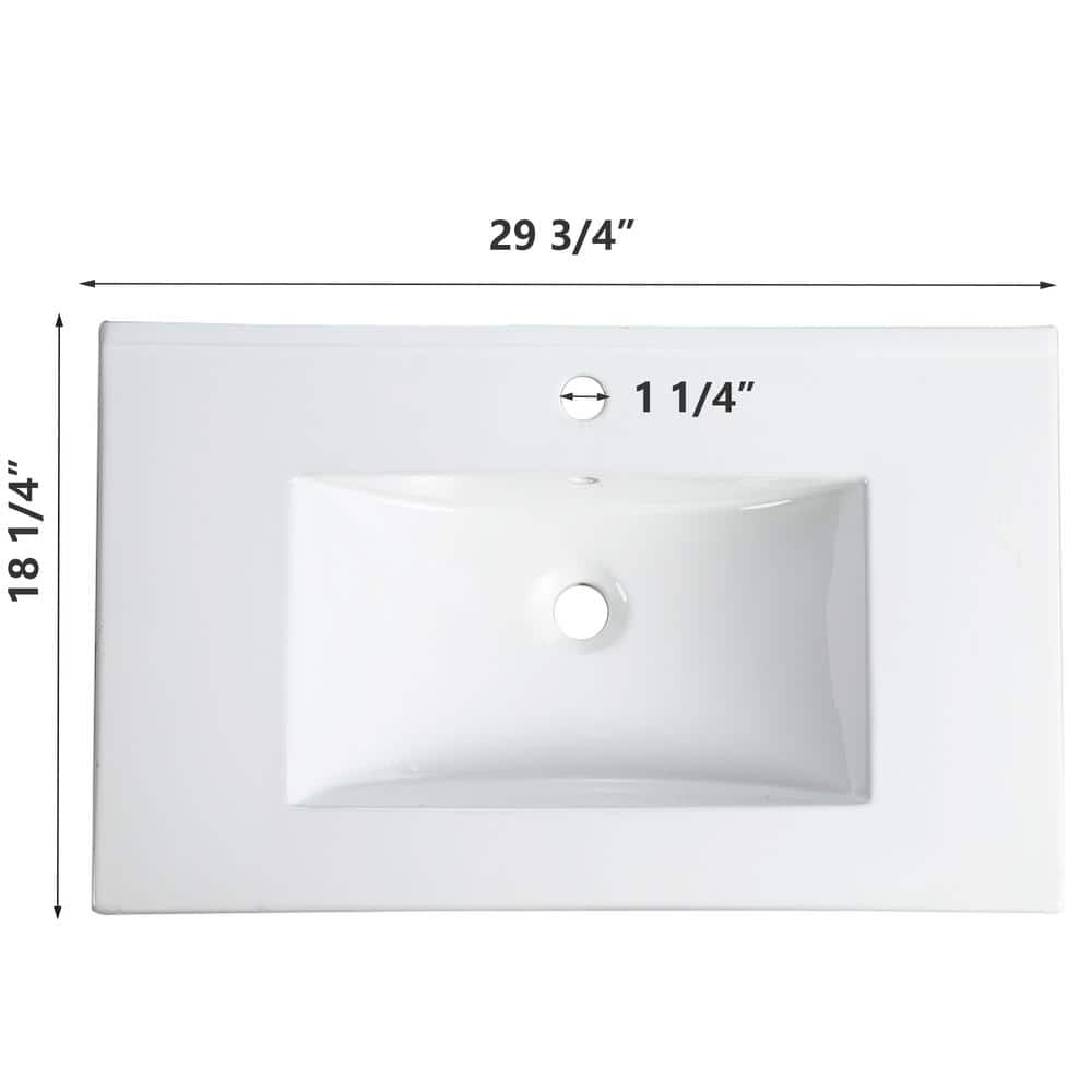 Glossy White Rectangular Ceramic Bathroom Sink Basin, 30 Inch