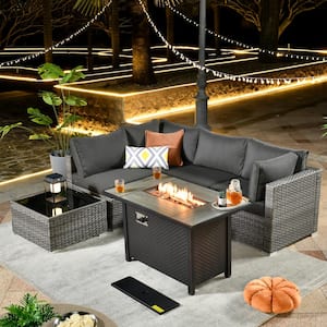 Daffodil J Gray 6-Piece Wicker Patio Outdoor Conversation Sofa Set with Gas Fire Pit and Black Cushions